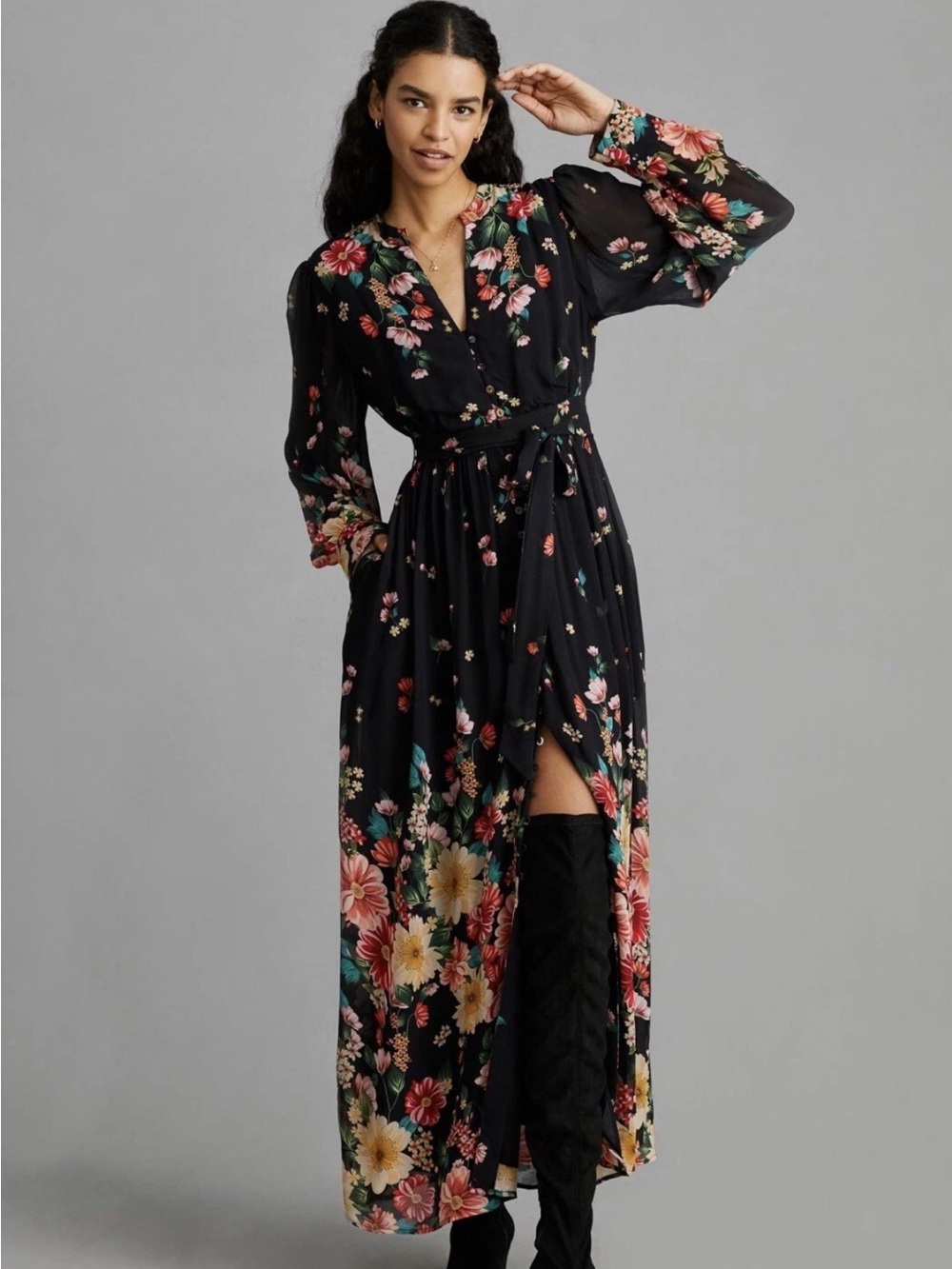 Anthropologie Black Floral Long-Sleeve Maxi Dress
